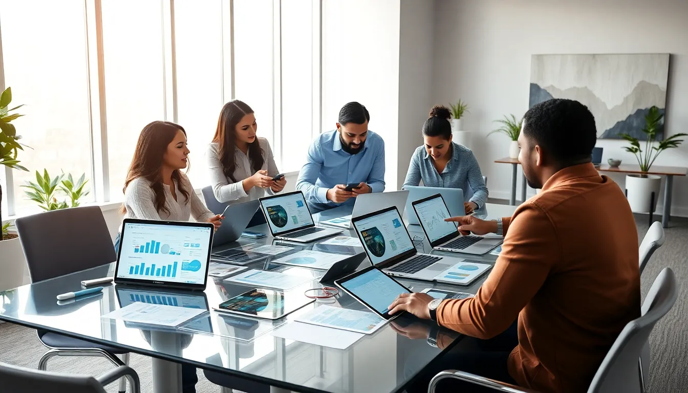 diverse team brainstorming about mobile apps marketing in a modern office.