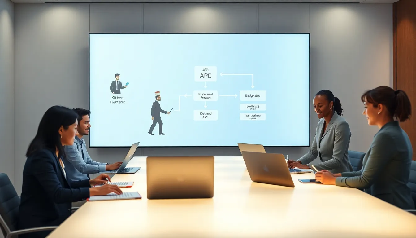 team discussing web services APIs in a modern office.