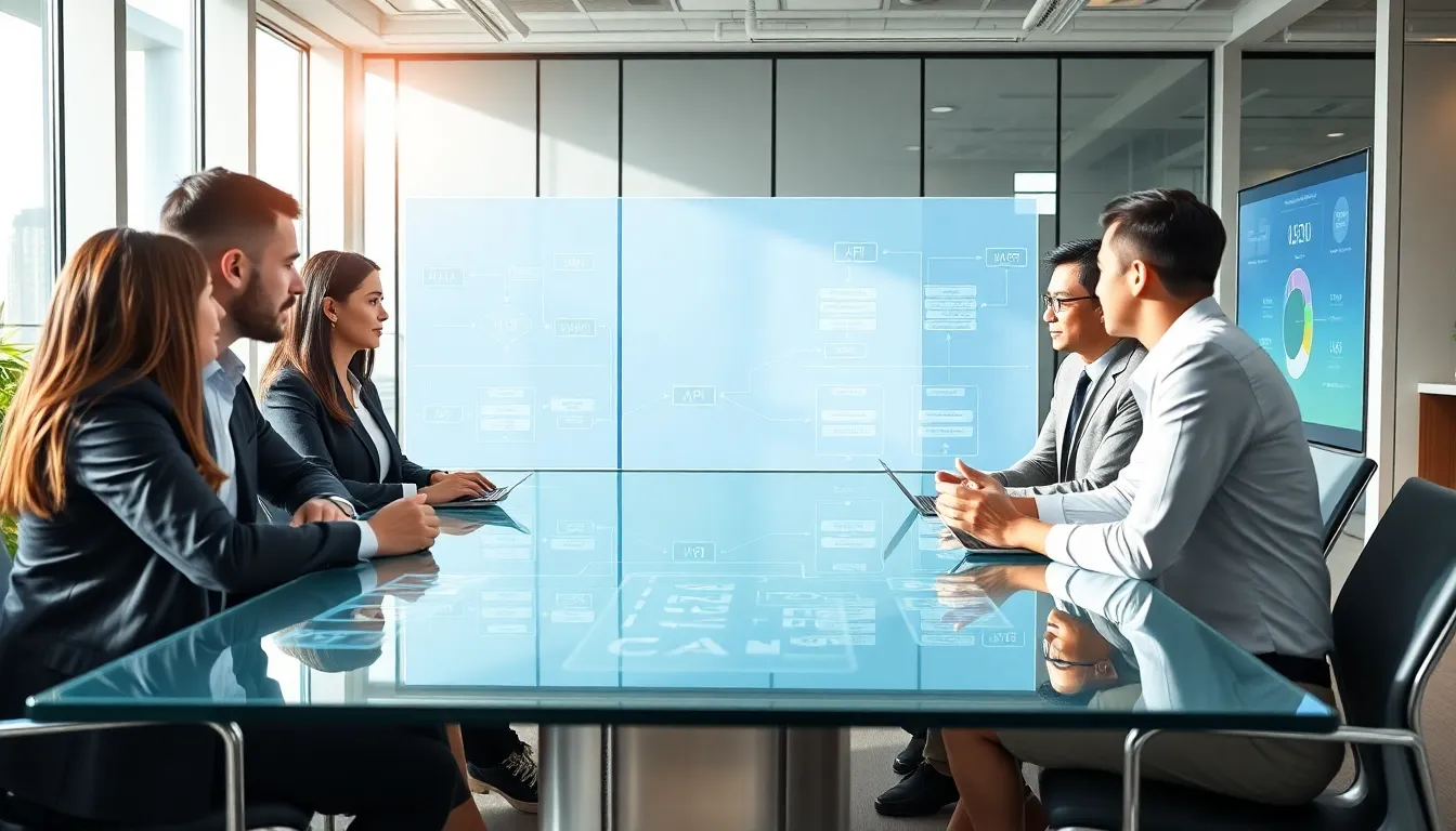 diverse team discussing API integration services in a modern office.