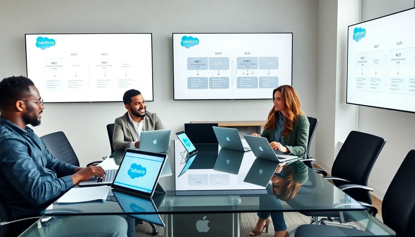 team discussing Salesforce API integrations in a modern office.