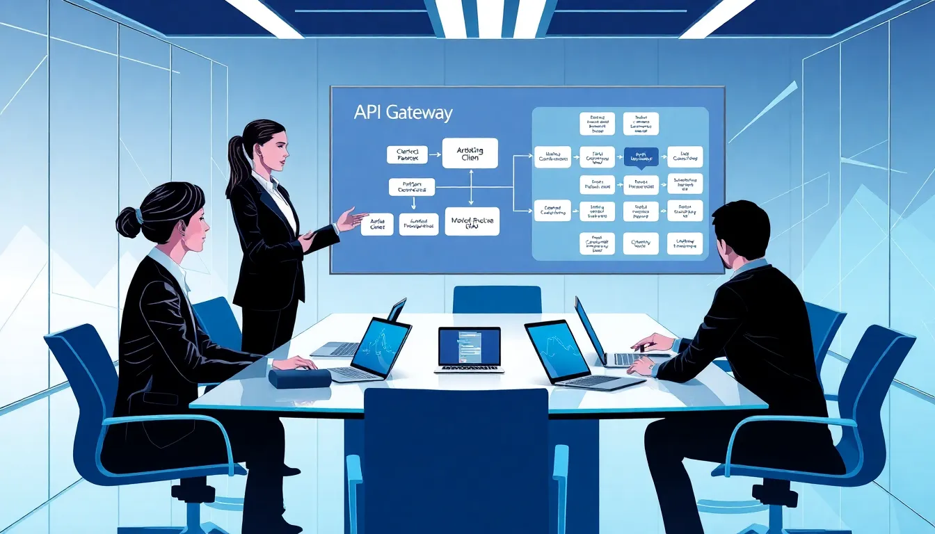 IT team discussing API Gateway integrations in a modern office.