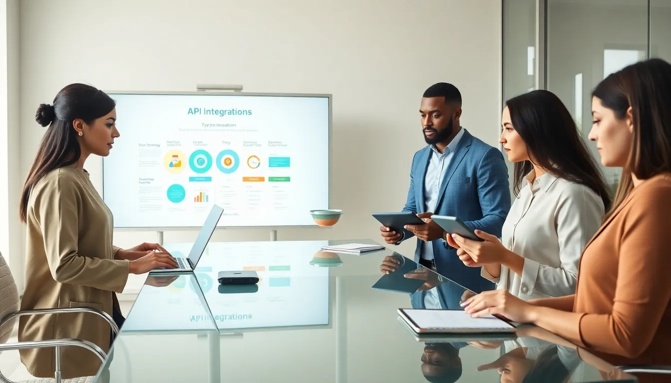 diverse team discussing API integrations in a modern office.