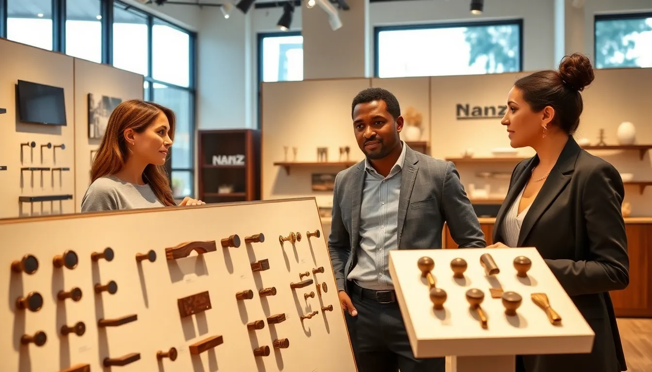 professionals discussing premium Nanz Hardware products in a modern showroom.