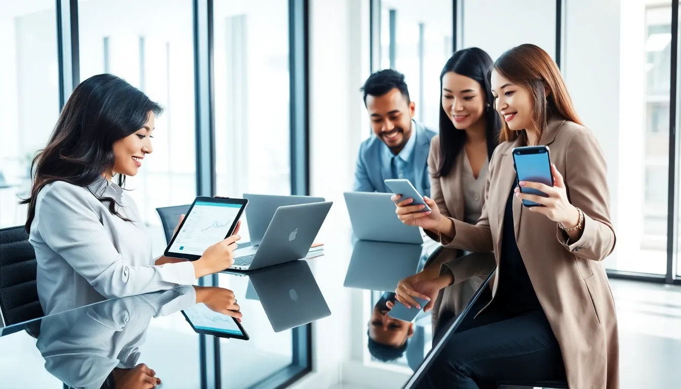professionals using mobile devices to manage content in a modern office.