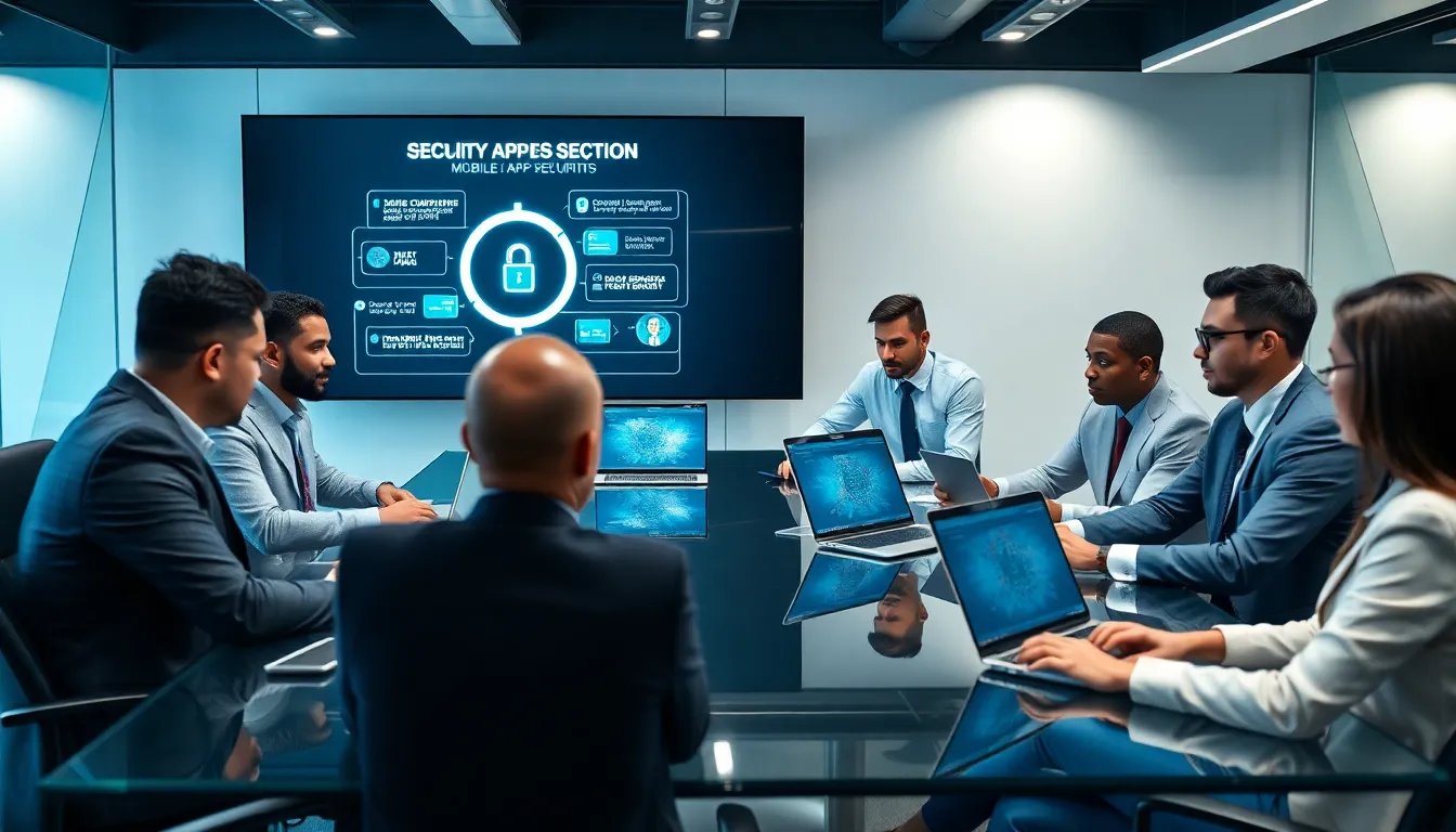 cybersecurity team discussing mobile app security risks in a modern office.