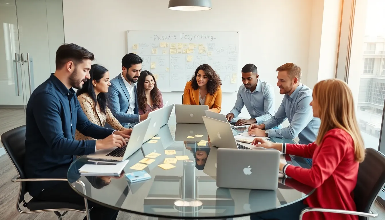 diverse team collaborating on mobile app design in a modern office.