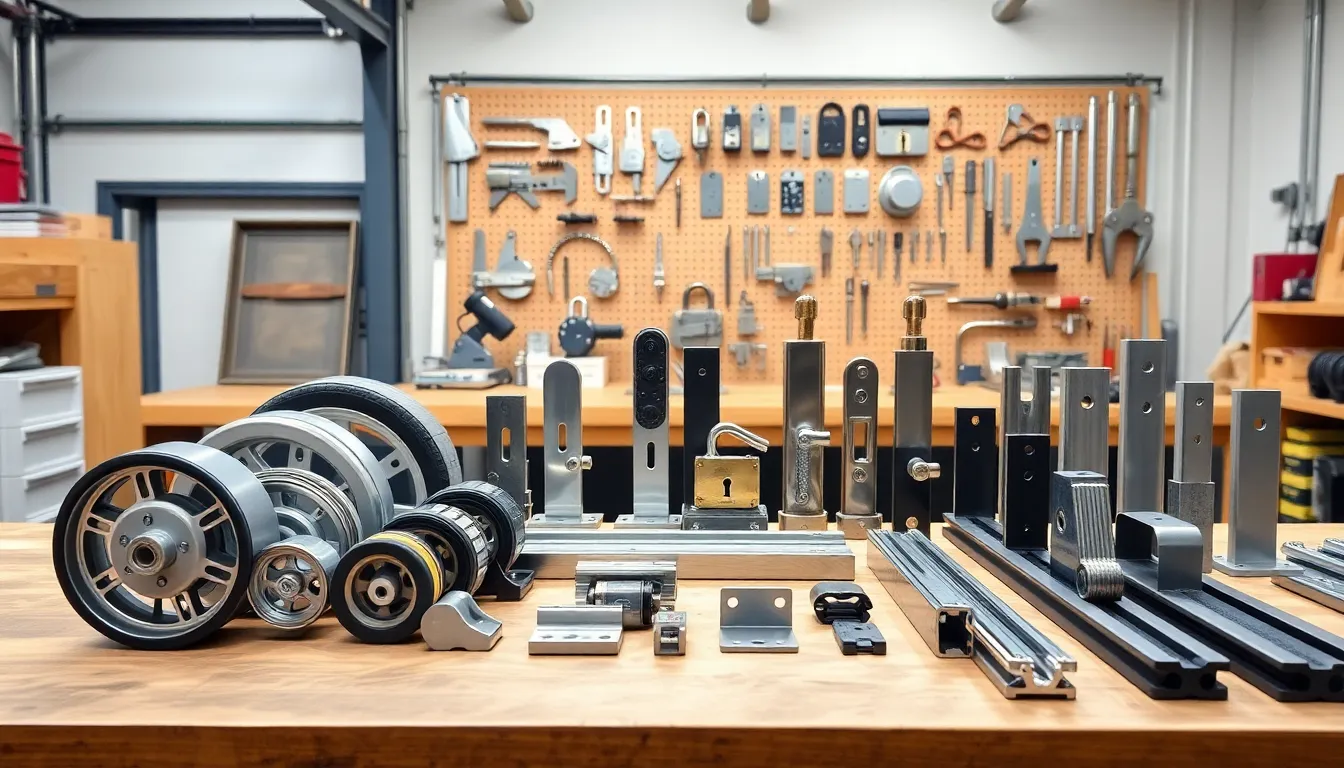 various types of rolling gate hardware on a workbench.